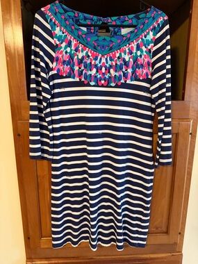 Lilly Pulitzer Navy & White Striped Dress with Pink, Teal Print Detailing